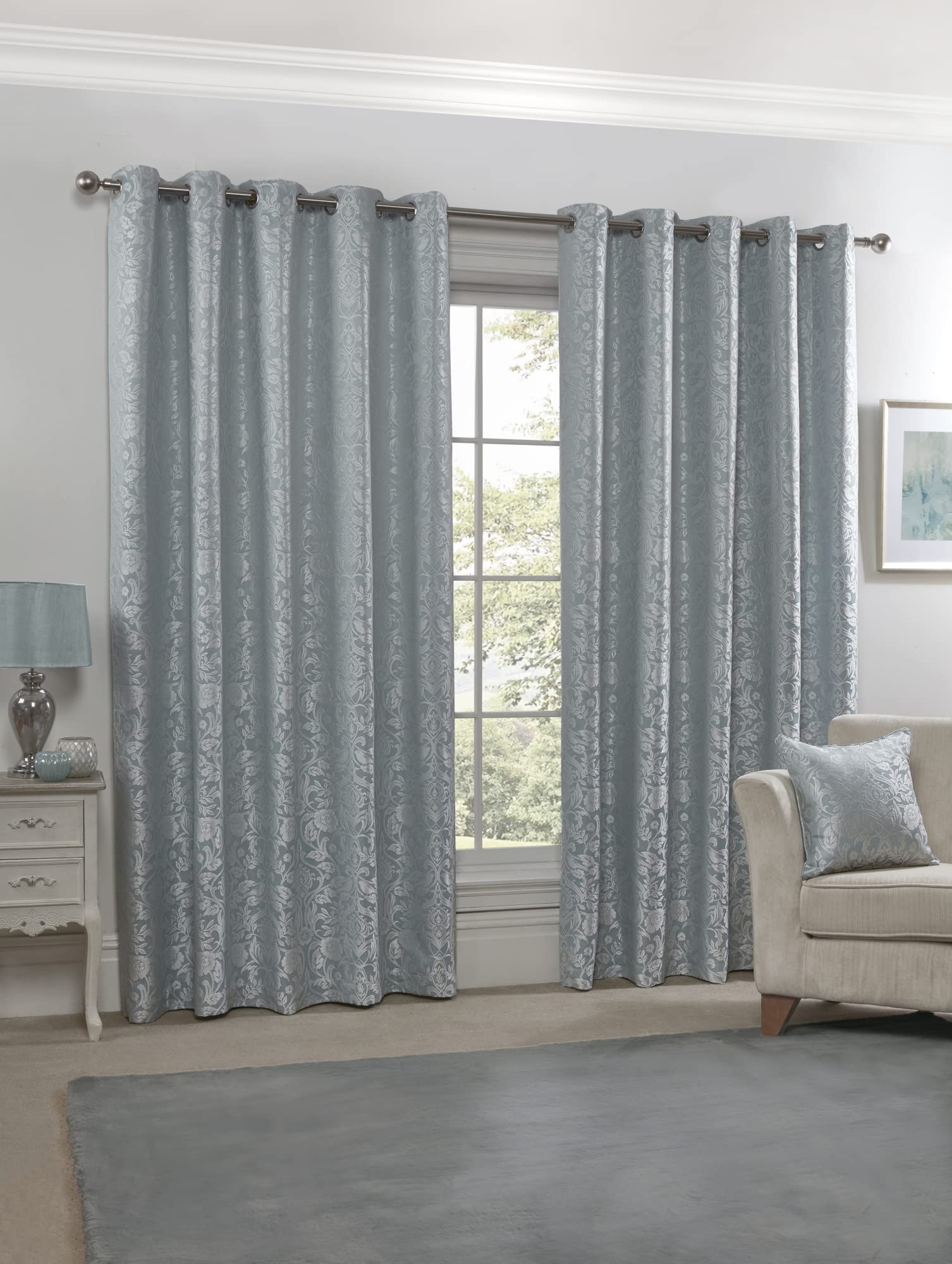 Emma Barclay – Fully Lined Curtains for Bedroom Living Room Jacquard Eyelet Two Panel Damask Curtains Eden Collection (66” x 54” Inch)(Duck)