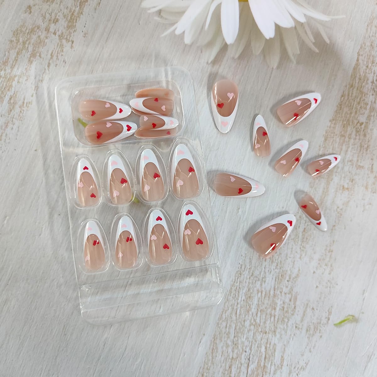 24pcs Heart Press-on Nails - Almond Valentines Fake Nails, Medium French Tip, Cute Hearts Designs, Glossy Acrylic, Reusable - Image 3