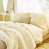 Flysheep Luxury Faux Fur Twin Size Winter Comforter Set Shaggy Velvet Cream Beige Long Hair, 3 Pieces Plush Flannel Sherpa Backing Reversible Soft Microfiber Super Warm Bedding Set for Holiday