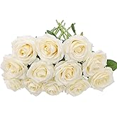 NEVISI Artificial Rose Flower 12Pcs Ivory Rose Fake Rose Silk Rose Real Looking Fake Flowers with Stems for DIY Wedding Bouquets Tables Centerpieces Floral Arrangements Festival Decoration