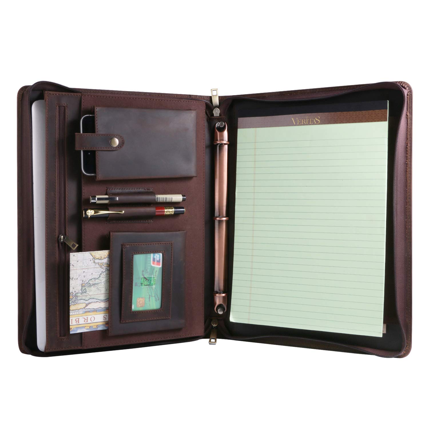 Photo 1 of Professional Leather Business Padfolio Portfolio Case, 3 Ring Binder,Zippered Business Document Organizer Tablet Holder Folder Case,with Letter Size Notepad (Dark Brown Upgraded version)