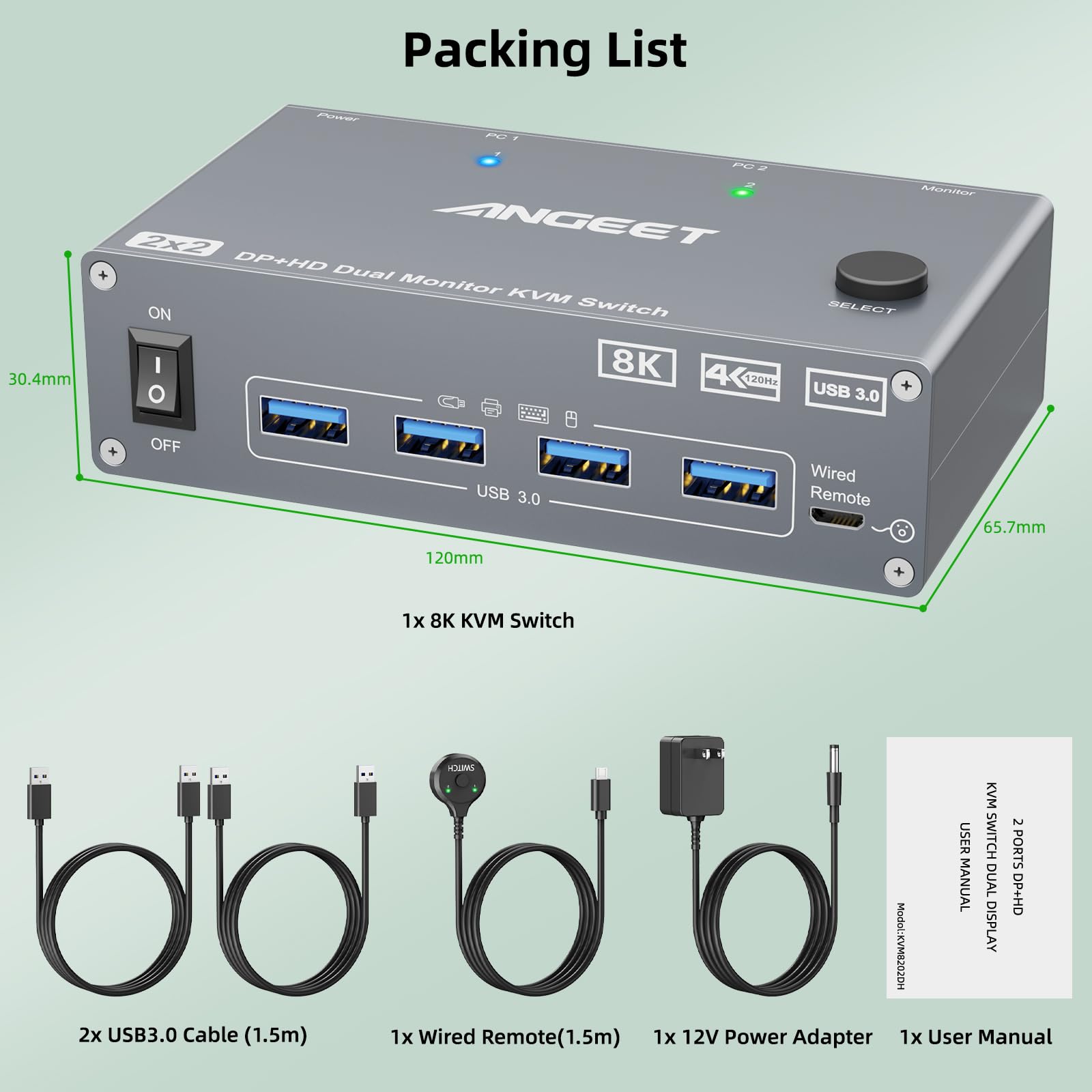 KVM Switch 2 Monitors 2 Computers 8K@60Hz, 4K@144Hz, ANGEET HDMI and Displayport Dual Monitor KVM Switch with 4 USB 3.0 Port for Keyboard Mouse Printer, with Wired Remote, Power Adapter and USB Cable
