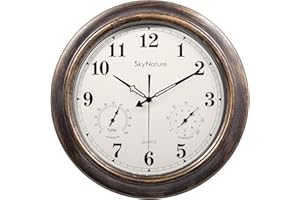 SkyNature Outdoor Clocks Waterproof, 18 Inch Large Wall Clocks with Thermometer for Patio, Silent Battery Operated Metal Indoor Outside Clocks for Living Room, Kitchen, Bedroom, Pool, Porch - Bronze