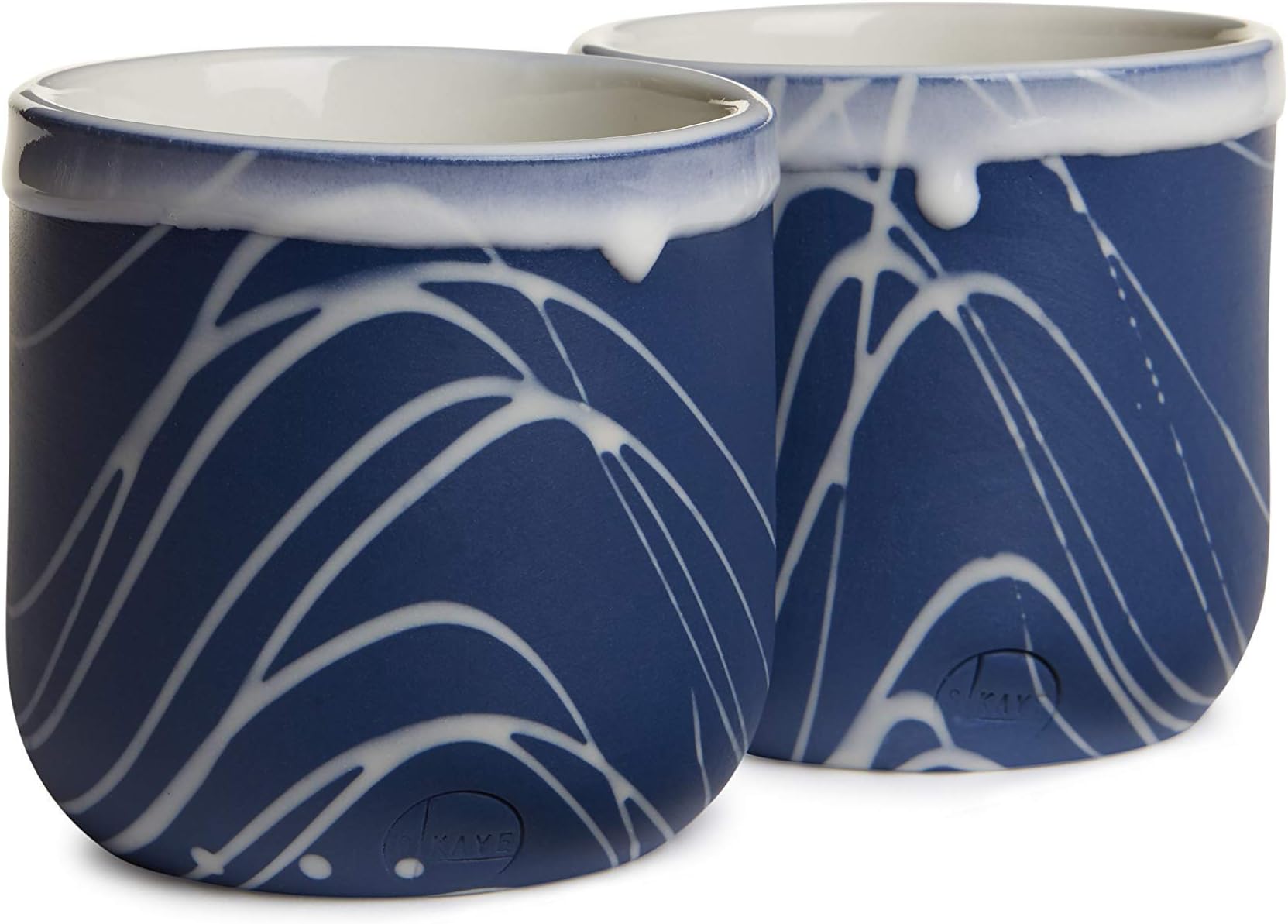 A Pair of coffee/latte/cappuccino cups - blue and with white swirls. handmade, porcelain. stackable. 10oz. no handle. (2 cups) (Blue with white swirls)
