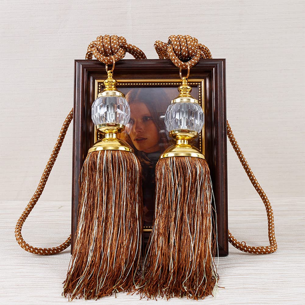 2PCS Tassel Curtain Tiebacks, Luxury Curtain Holdbacks Rope Tie Backs, Tassel Tiebacks Beaded Ball Decor Vintage Style Curtain Holdbacks Handmade Braided Rope Tie for Home Decorative Drapery(Brown)