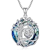 TOUPOP Tree of Life Birthstone Necklace 925 Sterling Silver Pendant Austrian Crystal Jewelry Anniversary Valentine's Day Birthday Gifts for Women Mom Her Wife