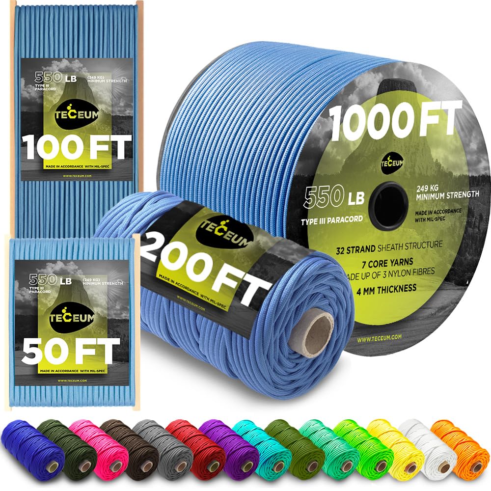 Photo 1 of TECEUM Paracord Type III 550 ICY Lake – 200 ft – 4mm – Tactical Rope MIL-SPEC – Outdoor para Cord –Camping Hiking Fishing Gear and Equipment – EDC Parachute Cord – Strong Survival Rope 466