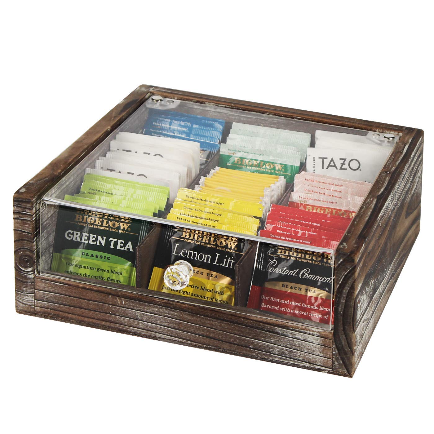 J JACKCUBE DESIGN 9 Compartments Rustic Wood Tea Bag Storage Organiser, Tea Chest Box with Acrylic Transparent Hinged Lid - MK581A