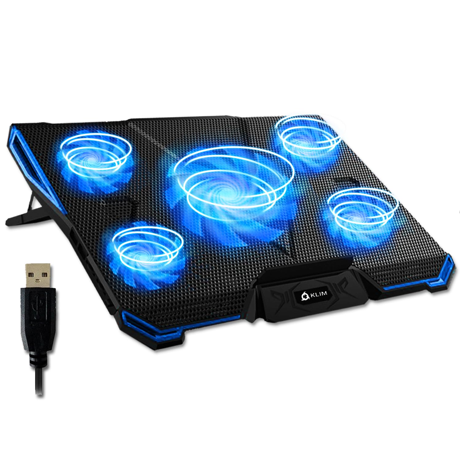 KLIM Cyclone Laptop Cooling Pad - New Version-5 Fans Laptop Cooler - No More Overheating - Gaming cooling pad - Increases PC Performance and Life Expectancy - Support for PS5 and PS4 - Blue