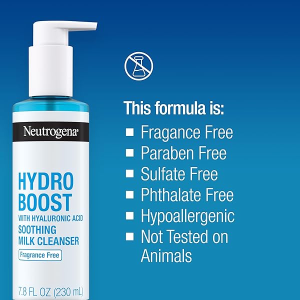 NEUTROGENA HYDRO BOOST SOOTHING MILK FACIAL CLEANSER WITH HYALURONIC ACID, HYDRATING FACE WASH GENTLY LIFTS DIRT & OIL LEAVING SOFT SOOTHED SKIN, HYPOALLERGENIC, FRAGRANCE-FREE, 7.8 FL. OZ