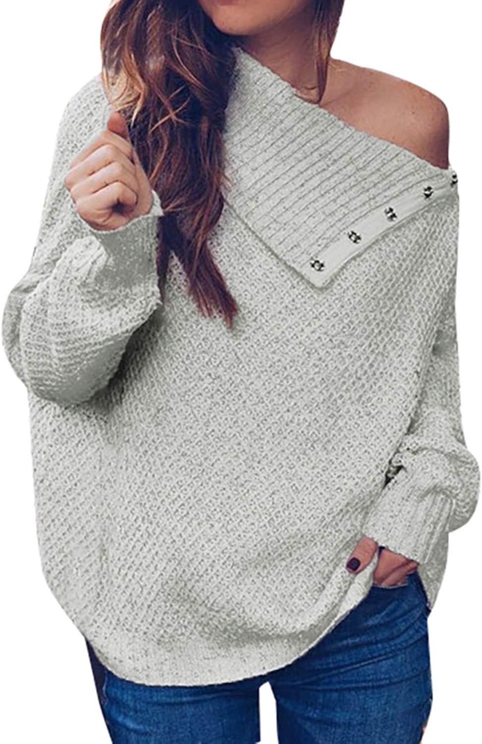 Womens Long Sleeve Pullover One Shoulder Button Solid Sweater Knitted
