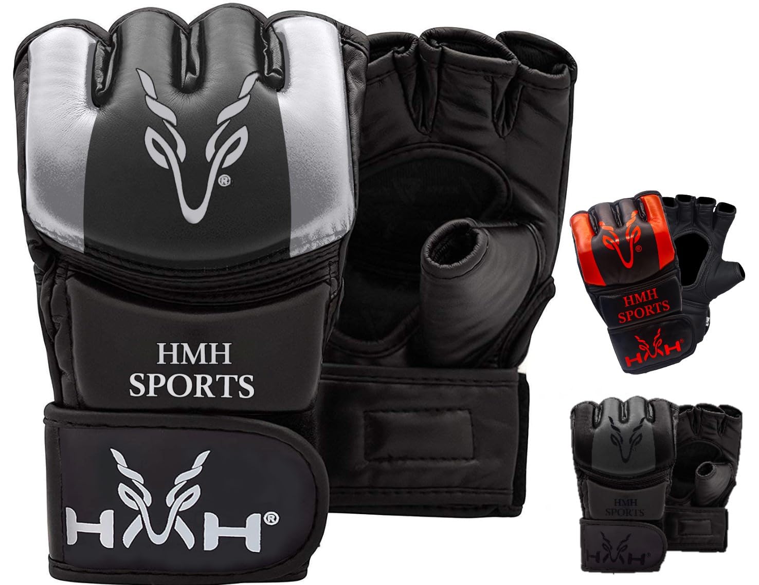 HMH Sports MMA Gloves for Grappling Martial Arts, Open Palm Maya Hide ConvEX Leather Sparring Mitts for Cage Fighting, Kickboxing, Punching Bag, Muay Thai and Combat Training (Silver, Medium)