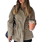 GALMINT Barn Jackets for Women Contrast Collar Utility Jacket Zip Up Drawstring Waist Barn Coat 2025 with Pockets