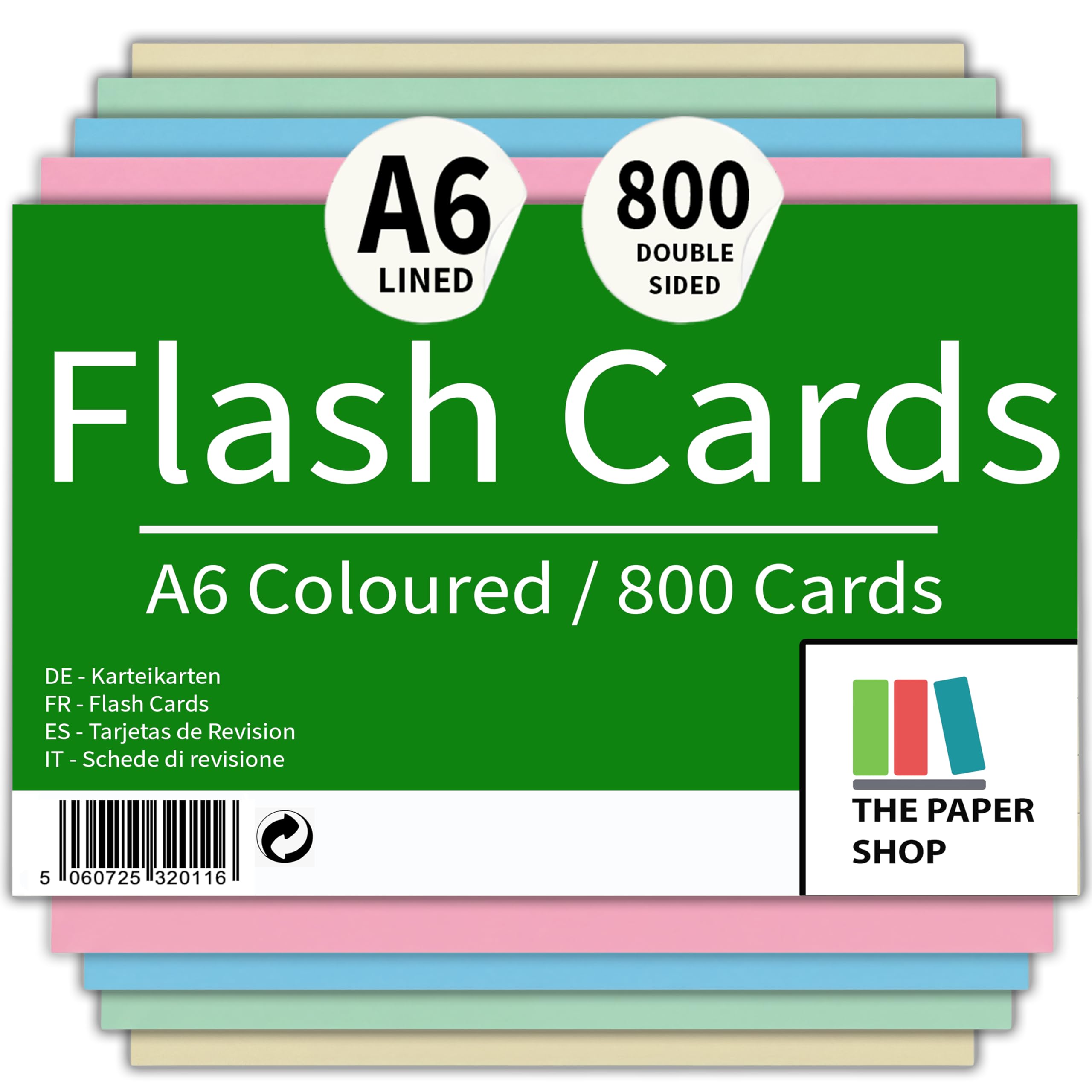 The Paper Shop 800 Pack A6 Revision Cards, 6x4 Coloured Flash Cards, Ruled Blank Index Cards (152mm x 102mm)