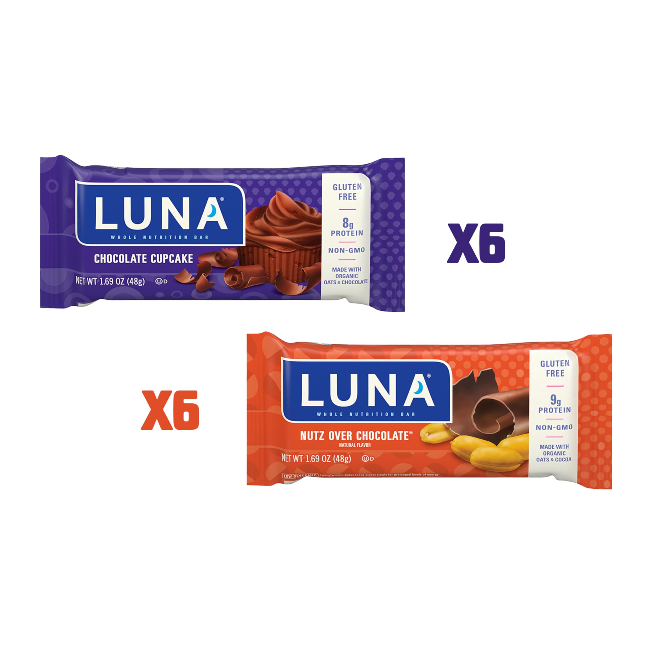 Luna Bar Variety Pack - Nutz Over Chocolate and Chocolate Cupcake Flavor - Snack Bars - Non-GMO - Gluten-Free Protein Bars - Made with Organic Oats (12 Pack, 2 Boxes)