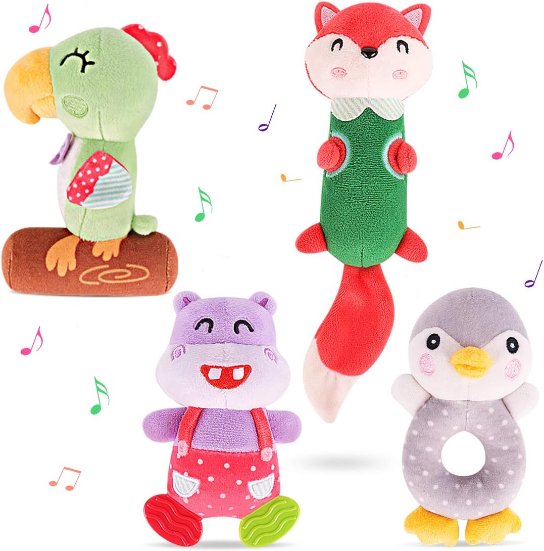 Baby Toys Soft Rattles for 3 6 9 12 Months Boys and Girls,Cute Plush Stuffed Animal Toys for Infants and Toddlers (4 pcs)