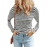 Melliflo Womens Long Sleeve Mock Neck Striped Shirt Casual Cute Color Block Knit Tops Trendy Fall Fitted Basic Outfits