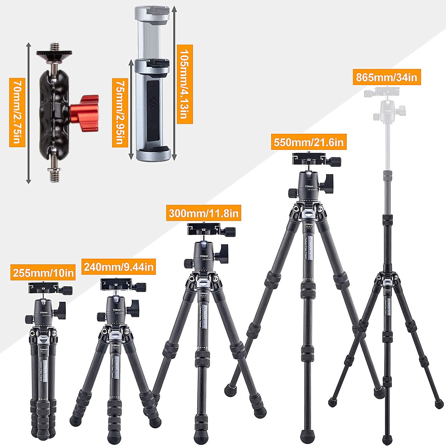 Carbon Fiber Tripod, COMAN Ultra Compact Lightweight Camera Tripod with 360° Panorama Ball Head for Cellphone, Camera and Gopro, Ideal for Vlog, YouTube or Travel, Phone Clip and Magic arm Included: Camera & Photo