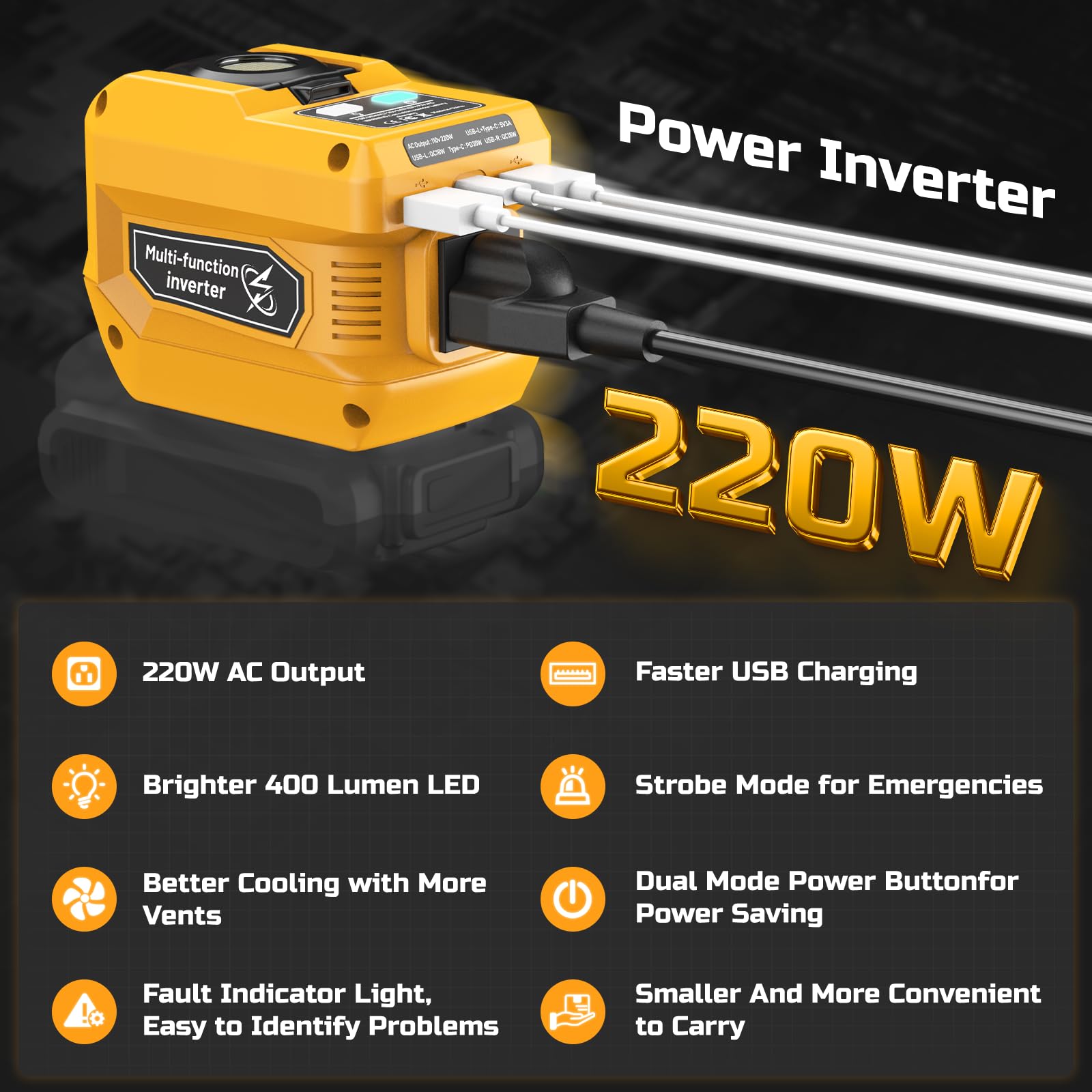 220W Power Inverter for Dewalt 20V Battery, DC 20V to AC 110V Battery Inverter, Portable Power Station Generator with 1 AC Outlet, 2 USB Ports & 1 Type-C Fast Charging, 400LM LED Work Light