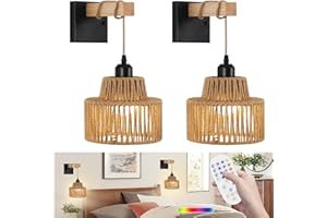 XIGUCUCN Battery Operated Wall Sconces Set of 2,Rattan Wall Sconce with Remote Control,Rechargeable Boho Wall Light Dimmable,
