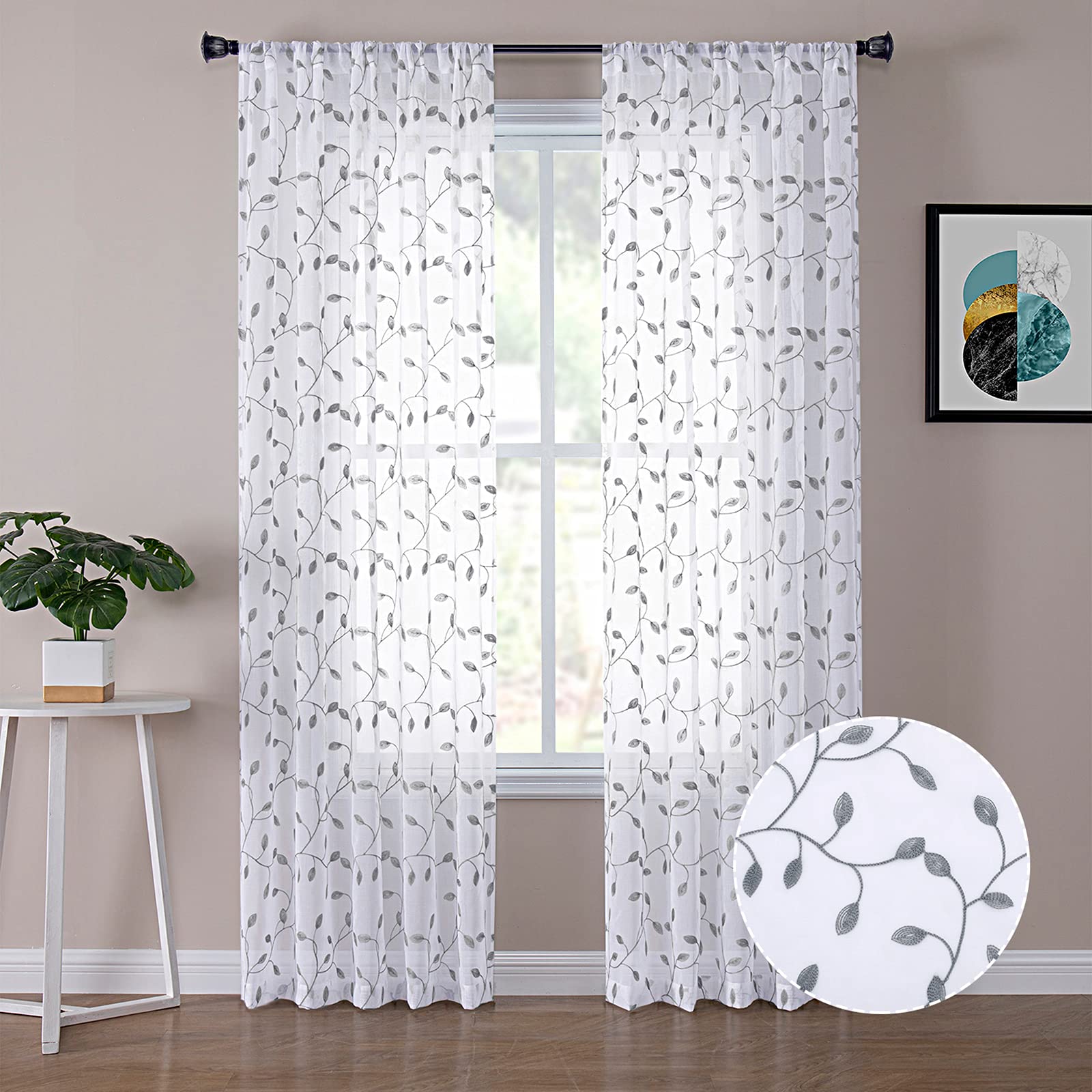 Tollpiz Leaves Sheer Curtains Grey Leaf Embroidery Living Room Curtain Rod Pocket Voile Faux Linen Embroidered Leaves Curtains for Bedroom, 54 x 72 inches Long, Set of 2 Panels
