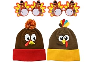 CAMIRUS 4PCS Thanksgiving Turkey Pom Pom Beanie Hat Sunglasses Set, 2 Knitted Cap 2 Turkey Eyeglasses for Thanksgiving Holiday Dress Up Party