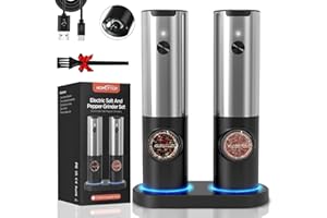 HOMCYTOP Electric Salt and Pepper Grinder Set W/USB Rechargeable Base, No Battery Needed, One Handed Operation, Automatic Powered Spice Mill Shakers Refillable, Adjustable Coarseness, LED Light