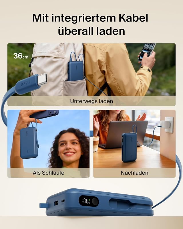 UltraCharge 20000mAh Power Bank, USB-C-Kabel und Anzeige – Blau