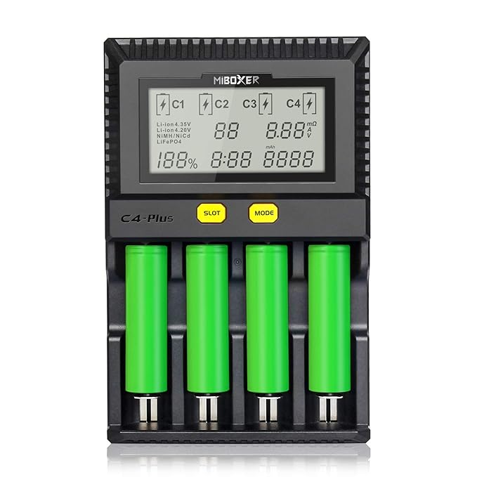 18650 Battery Charger,Miboxer 4 Bay Smart Universal Intelligent Battery Charger for NiMH NiCd A AA AAA Li-ion LiFePO4 IMR 10440 14500 16340 18650 RCR123 26650 21700 Batteries Charger