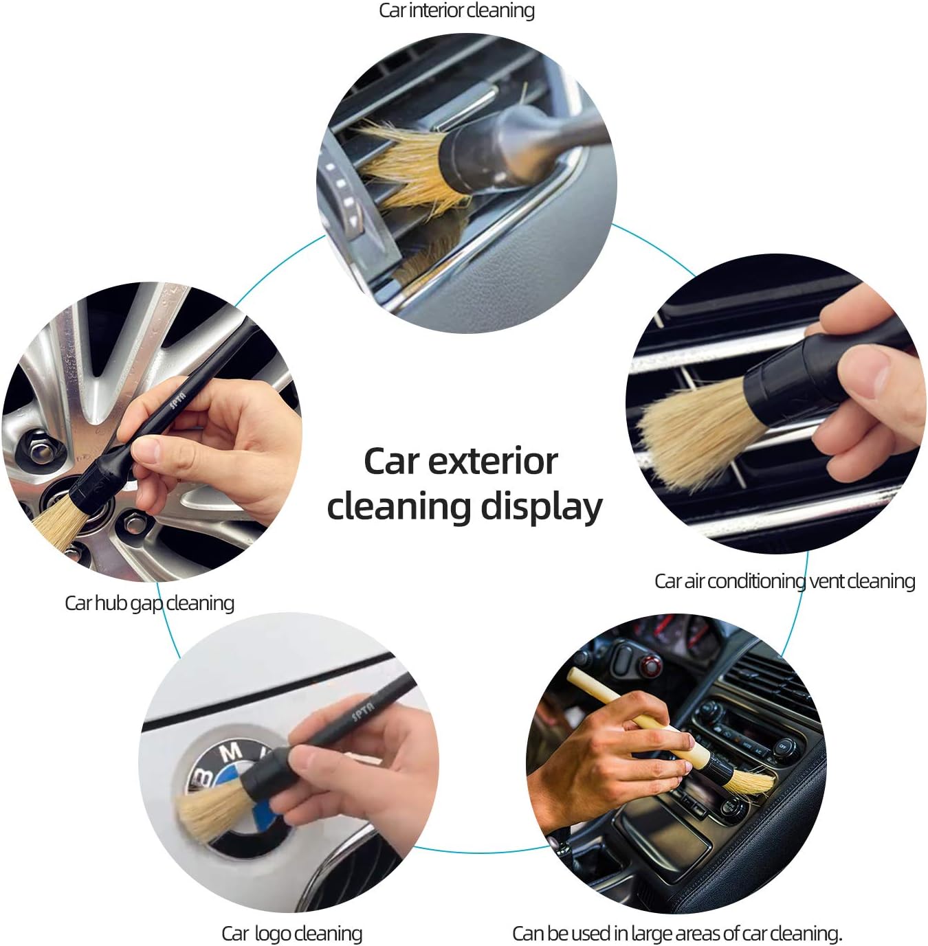 SPTA Car Detailing Brush Kit - 6 Pack, Auto Boar Hair Detail Brush Set Automotive Interior Exterior No Scratch Microfiber Detailing Brushes for Cleaning Air Vents, Engine Bays, Dashboard & Wheels: Automotive