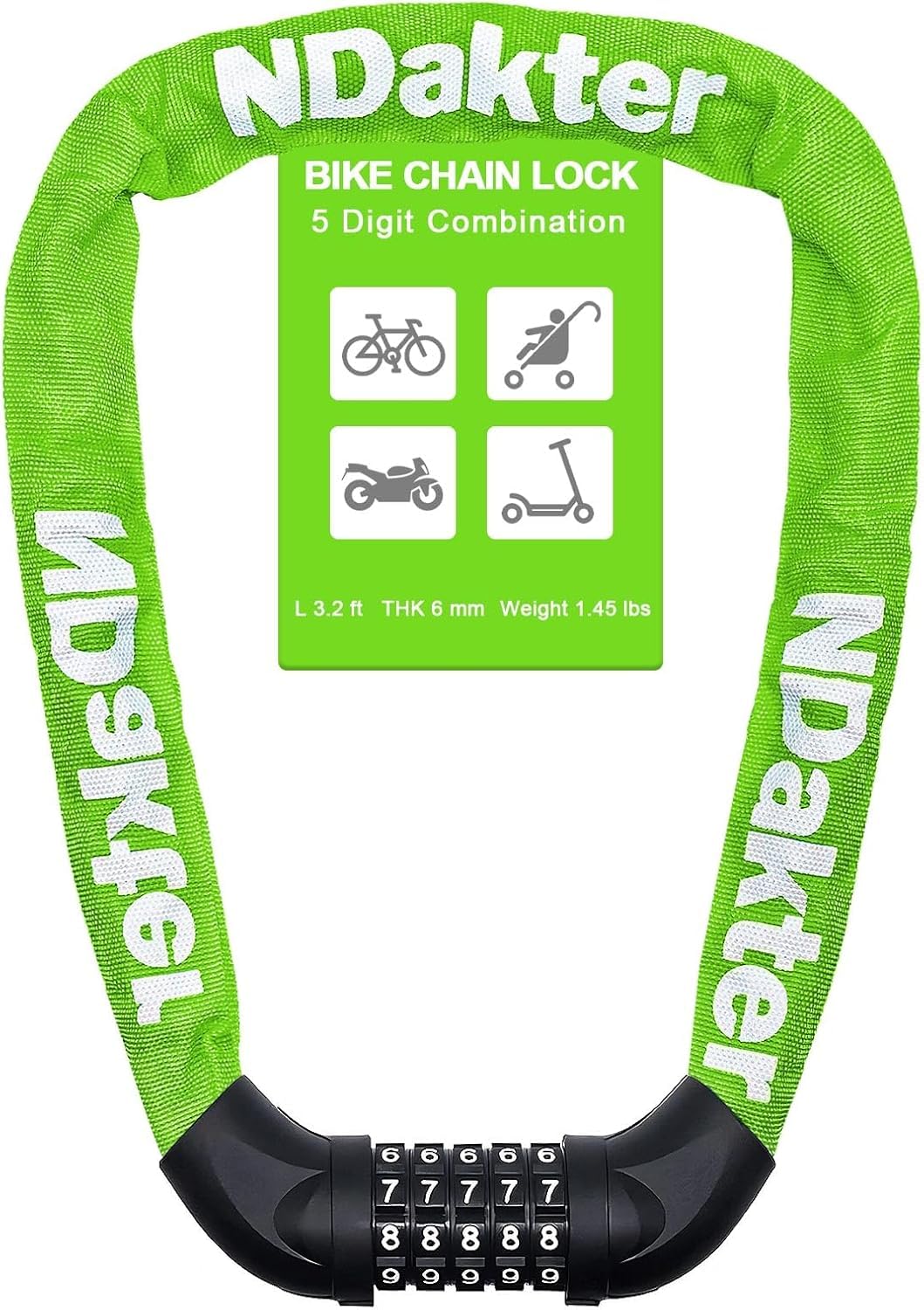 Photo 1 of NDakter Bike Chain Lock, 5 Digit Combination Heavy Duty Anti Theft Bicycle Chain Lock,2.62/3.2/4.27/5/6Ft Long Security Resettable Bike Locks for Bike, Bicycle, Scooter, Door, Gate, Fence-4/6mm Thick