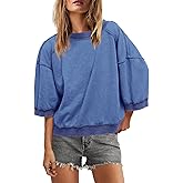 SENSERISE Oversized Sweatshirt for Women Short Sleeve Crewneck Sweatshirt 3/4 Sleeve Pullover Tops Color Block Top
