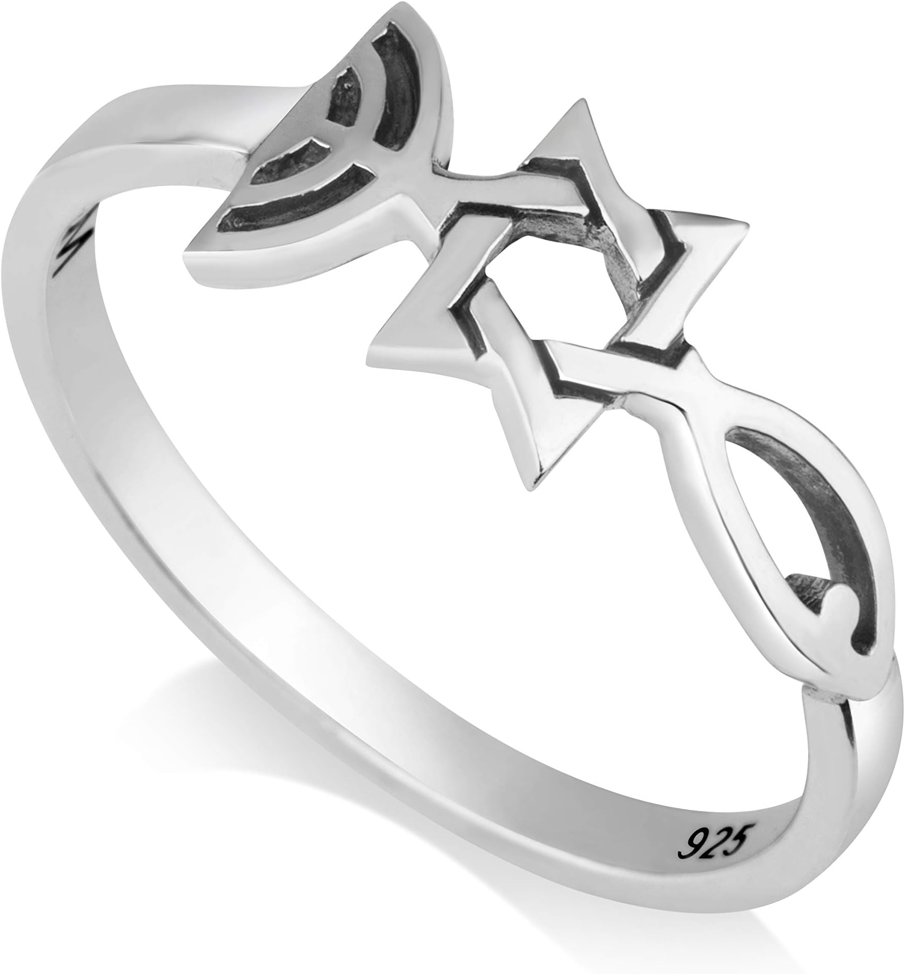 925 Sterling Silver Triple Faith Symbol Ring, Grafted-in, Messianic Seal. Womens or Mens Thin Real Silver Band, Fish, Star of David, Menorah by Marina Jewellery