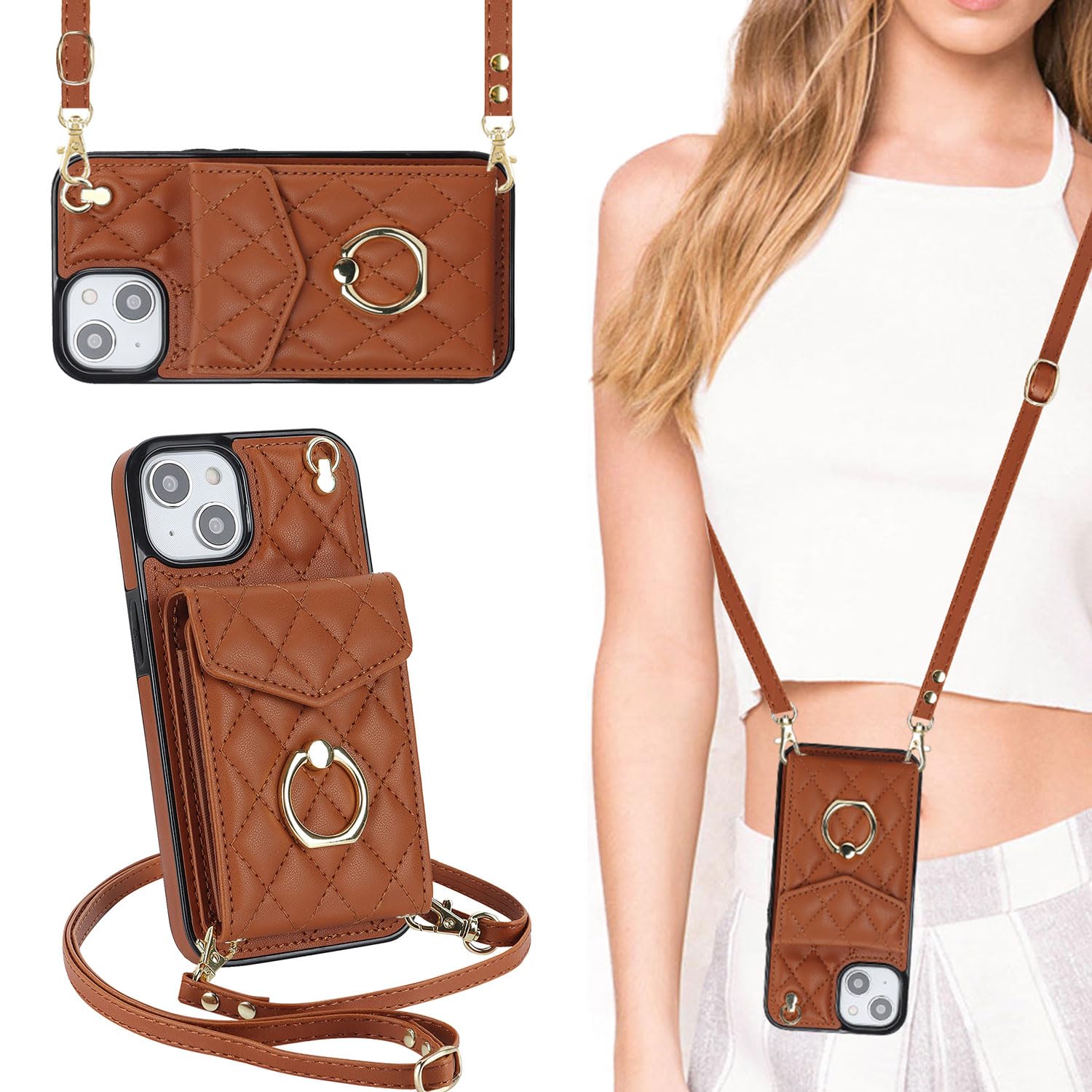 QLTYPRI Crossbody Wallet Case for iPhone 13/14,PU Leather Phone Case with RFID Blocking Card Slots Holder 360° Rotatable Ring Kickstand Wrist Strap Lanyard Handbag Purse Cover for iPhone 13/14 – Brown