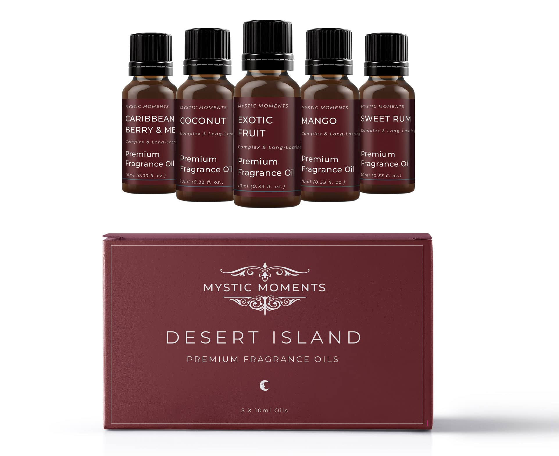 Mystic Moments | Desert Island Fragrant Oil Gift Starter Pack 5x10ml | 5 Tropical Fragrance Oils – Coconut, Coconut Lime, Pineapple, Mango & Passionfruit | Exotic Summer Home Ambience