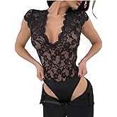 MakeMeChic Women's Floral Lace Sheer Bodysuit Deep V Neck Open Back Night Out Leotard Tops