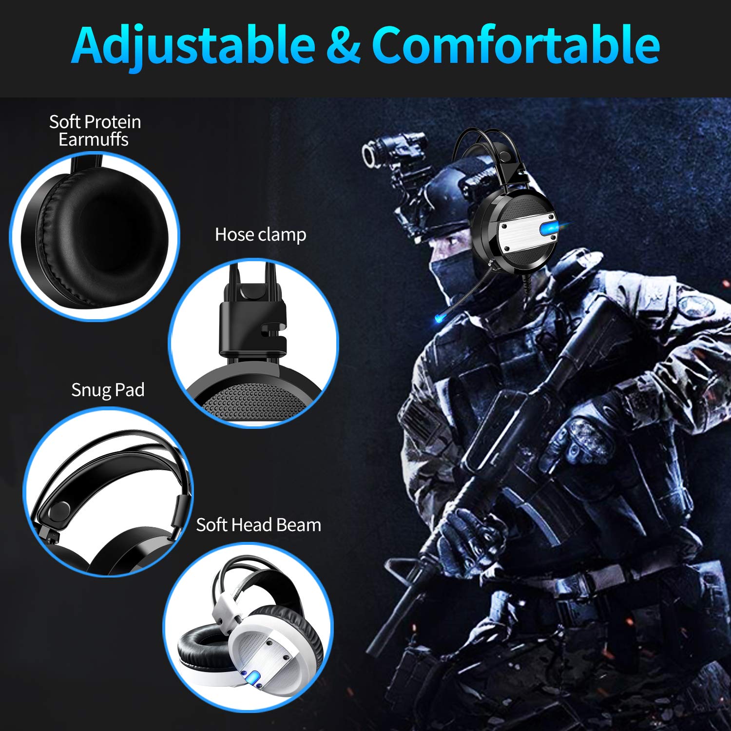 GYORGKSHI Over–Ear Headphone, LED Light Headphones Wired Headsets with Adjustable Microphone,3.5mm Adapter Gaming Headset for Xbox One, S, PS4, PC