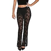 Lace Flare Pants for Women, See Through Mini Bell Bottom Black Sexy Sheer Leggings High Waisted Club Party Trousers