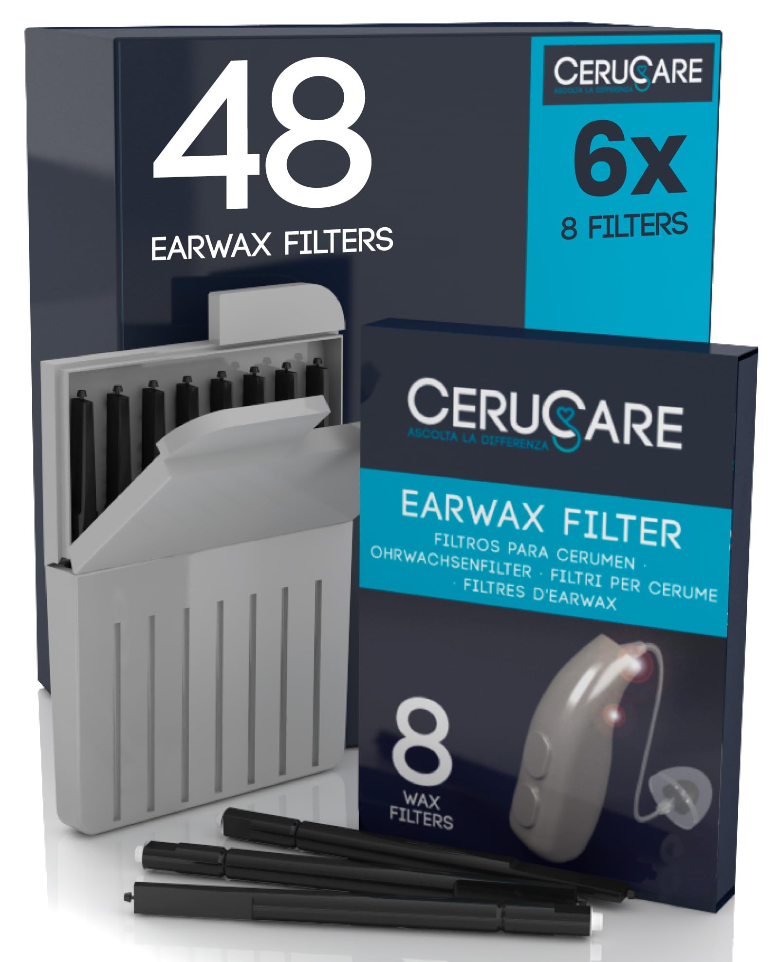 48 Earwax Filters for Hearing Aids Wax Guard CeruCare for Quick and Effective Cleaning Protects Hearing Aid from Moisture and Dust with Resealable Hard Case Diameter 1.3mm