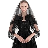 PAMOR Black Lace Veil Creative Cathedral Tulle Sheer Wedding Halloween Veil for Bride With Hand-sewn Metal Comb