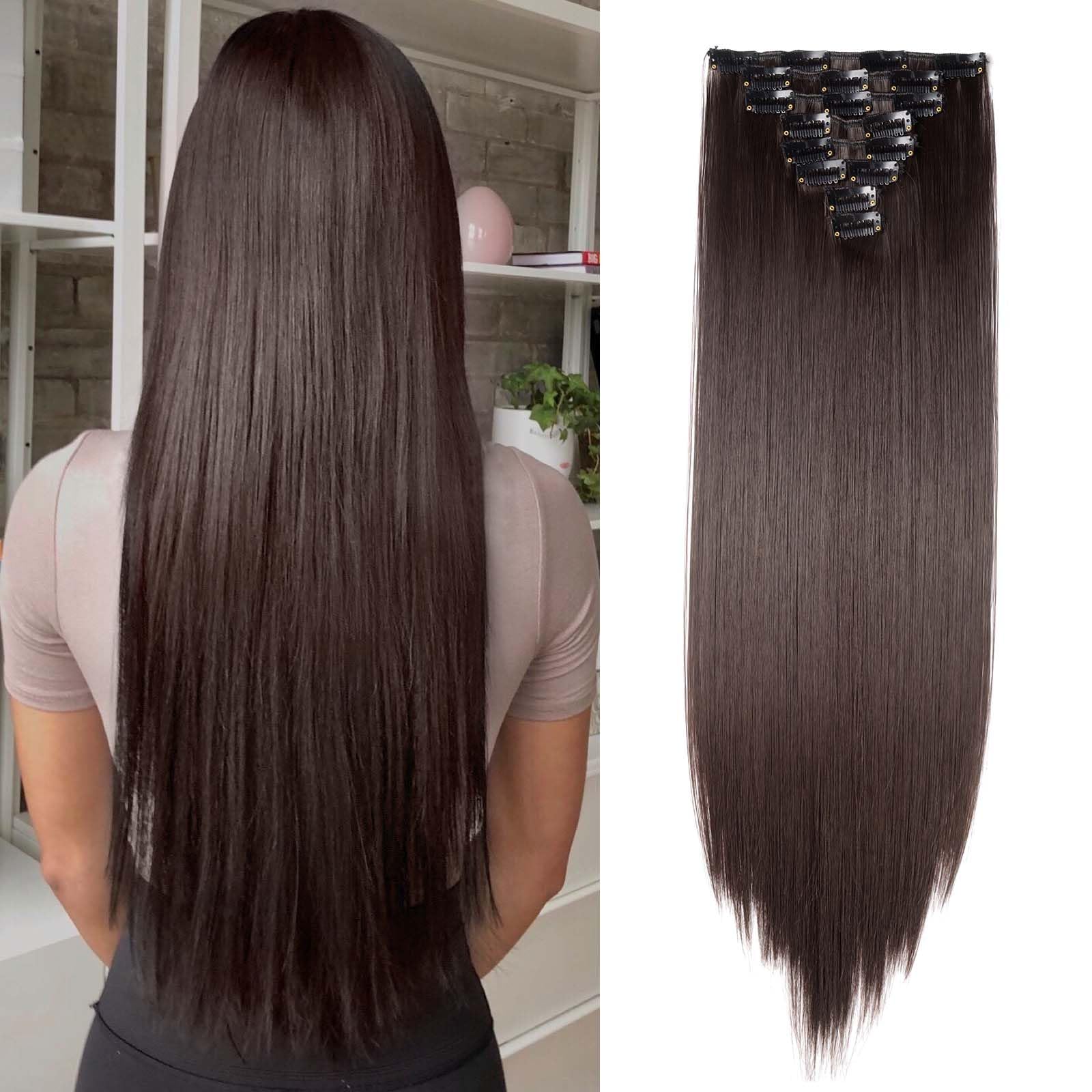 SEGOHAIR Hair Extensions Clip in 8Pcs 18 Clips Synthetic Fiber Seamless 23" Long Straight Full Head -Dark Brown — image 1
