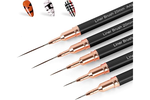 Artdone Metallic Nail Art Pens, Liner Brushes Set, 5PCS Black Nail Tools | For Long Lines, Thin Details, Fine Drawing, Liner Brush UV Gel Polish Painting Nail Design Sizes 5/8/12/20/25mm