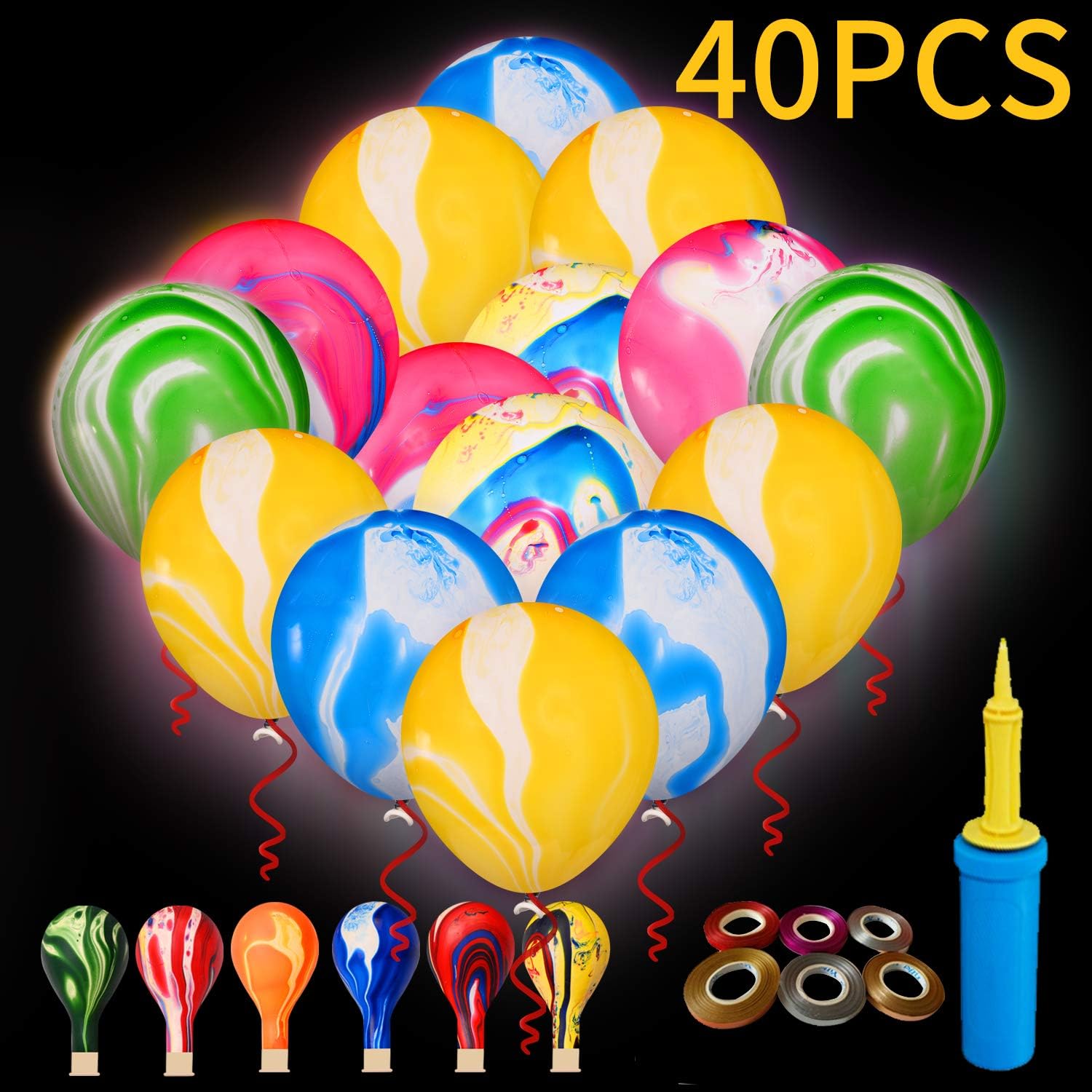 40 Pack LED Balloons | Upgraded Marble Design of Light Up Balloons | Ideal for Glow Party, Birthday Balloons Decor, Halloween Party, Dark Party | Includes Hand Held Balloon Pump, 10M Ribbon and Balloon Tying Tool.