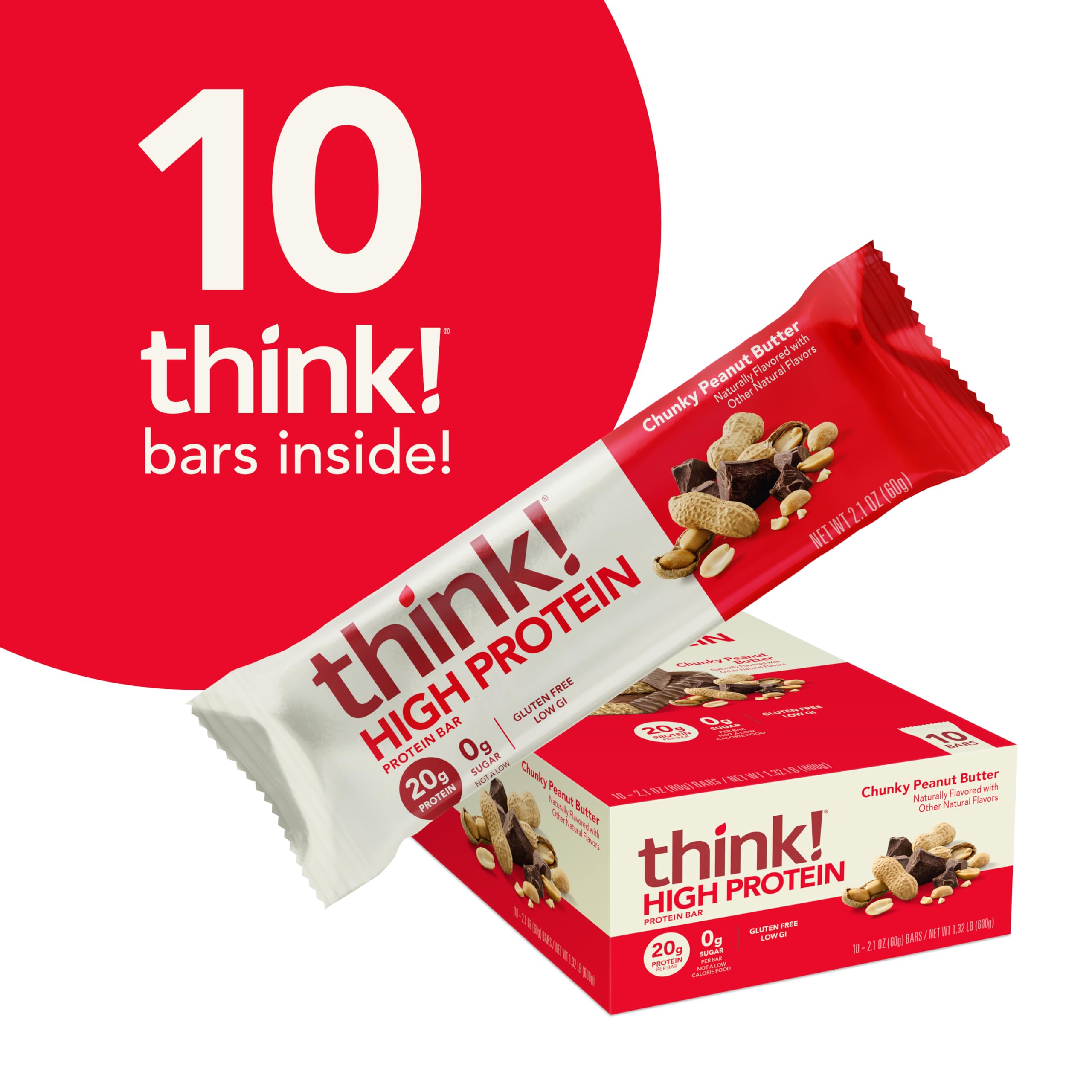 think! Protein Bars, High Protein Snacks, Gluten Free, Kosher Friendly, Chunky Peanut Butter, Nutrition Bars, 2.1 Oz per Bar, 10 Count (Packaging May Vary)