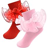 MKYSZLT 2 Pairs Girls Ruffle Socks Toddler Girl Frilly Dress Socks Fold Double Lace Big Ruffles Church Fancy Sock Little Kids