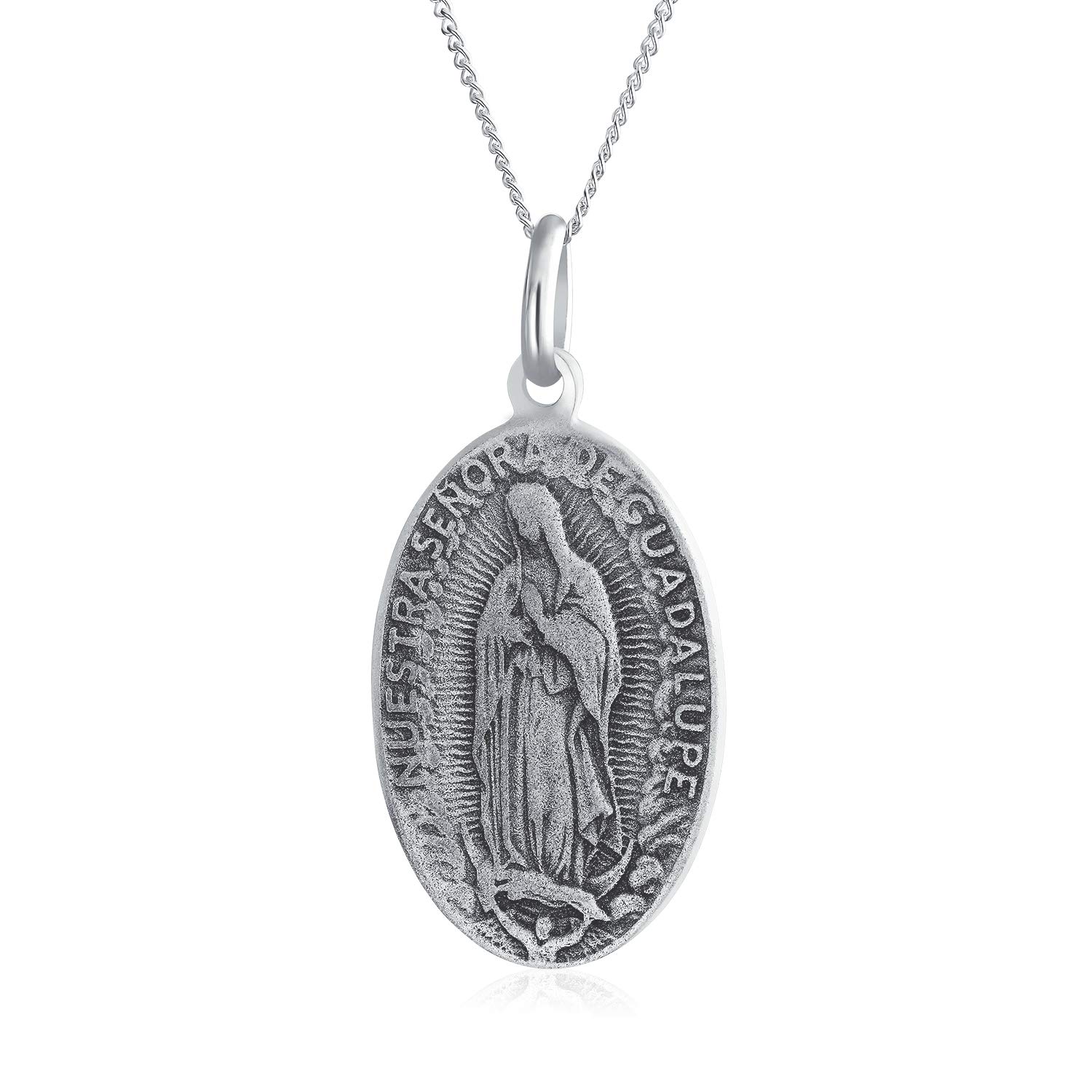 Bling Jewelry Religion Our Lady Of Guadalupe Oval Virgin Mary Medal Medallion Pendant Necklace For Women Oxidized .925 Sterling Silver