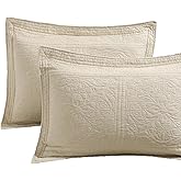 WINLIFE 100% Cotton Quilted Pillow Sham Floral Printed Pillow Cover (Standard, Beige)