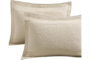 WINLIFE 100% Cotton Quilted Pillow Sham Floral Printed Pillow Cover (Standard, Beige)