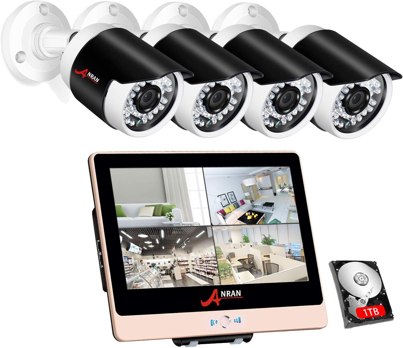 ANRAN POE Surveillance Security Camera System 1080P 4Channels 12inch LCD Video Recorder DVR Kits w/4PCS 2.0 Megapixels Network PoE CCTV Bullet Camera 3.6mm Lens Outdoor Indoor IP66 1TB Hard Drive