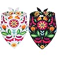 Whaline Mexican Dog Bandana Floral Dog Bandana Cinco De Mayo Fiesta Pet Scarf Double-Sided Adjustable White Black Flower Pet Neckerchief for Small Medium Large Cat Dog Carnival Accessories, 2 Pack